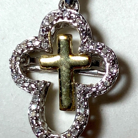 Sterling and Gold Diamond Cross Necklace - Picture 2 of 9